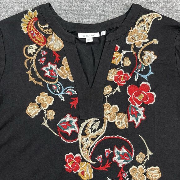 Chicos Top Sz 3 Womens XL Black Floral Embroidered Pima Cotton Blend 3/4 Sleeve - Picture 3 of 7